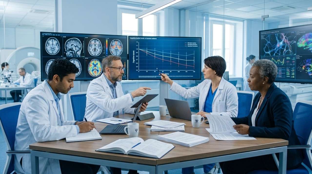 Neuroscientists discussing brain health research findings in a university research center