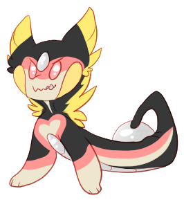 A young Shiny looking mischievous! They're missing some teeth. They have yellow, beige, and pink markings