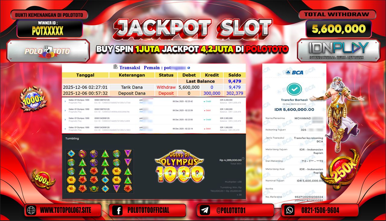 POLOTOTO JACKPOT SLOT GATES OF OLYMPUS 1000 Rp.5.600.000,- LUNAS