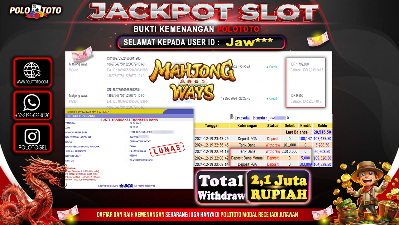 POLOTOTO JACKPOT SLOT MAHJONG WAYS Rp.2,111.000,-