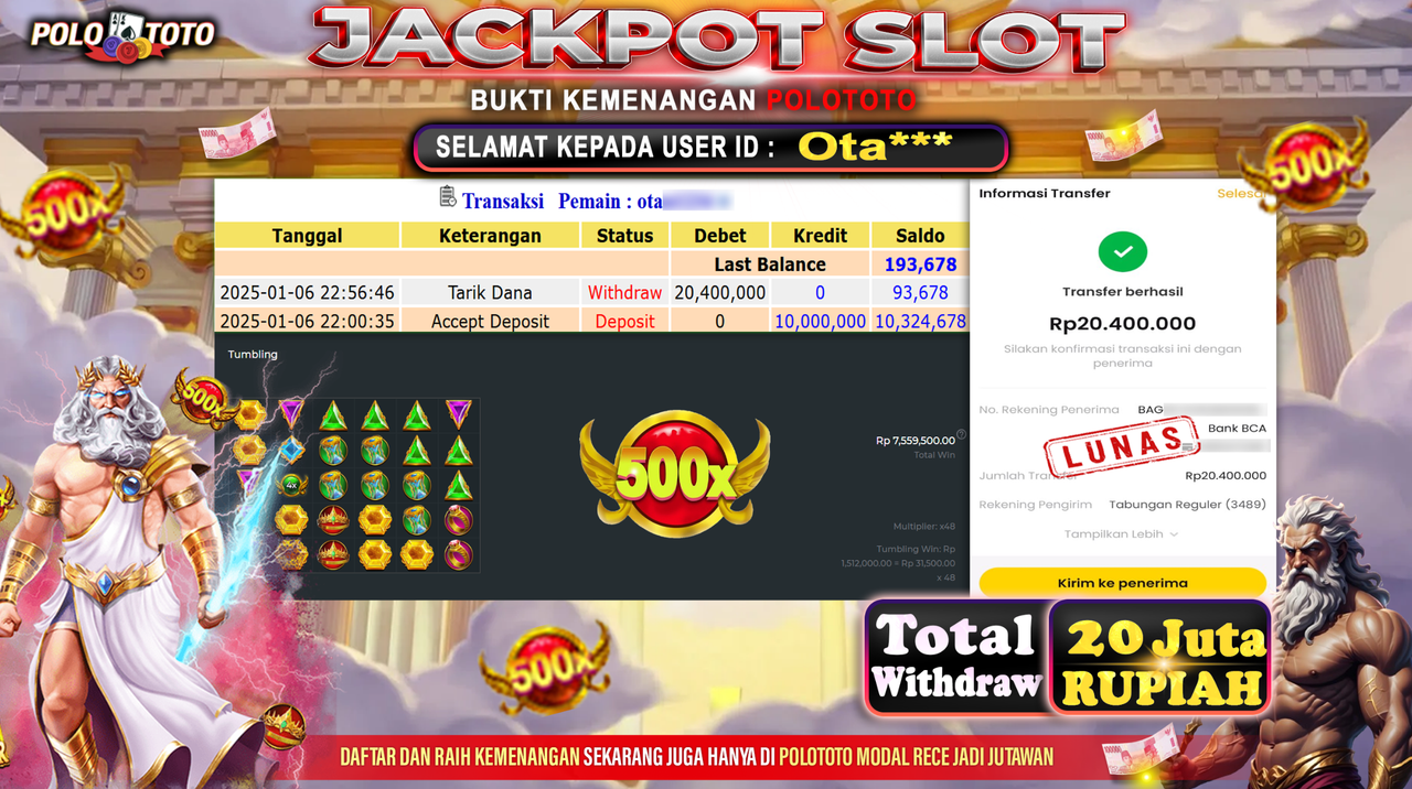POLOTOTO JACKPOT SLOT GATES OF OLYMPUS Rp.20,400.000,-