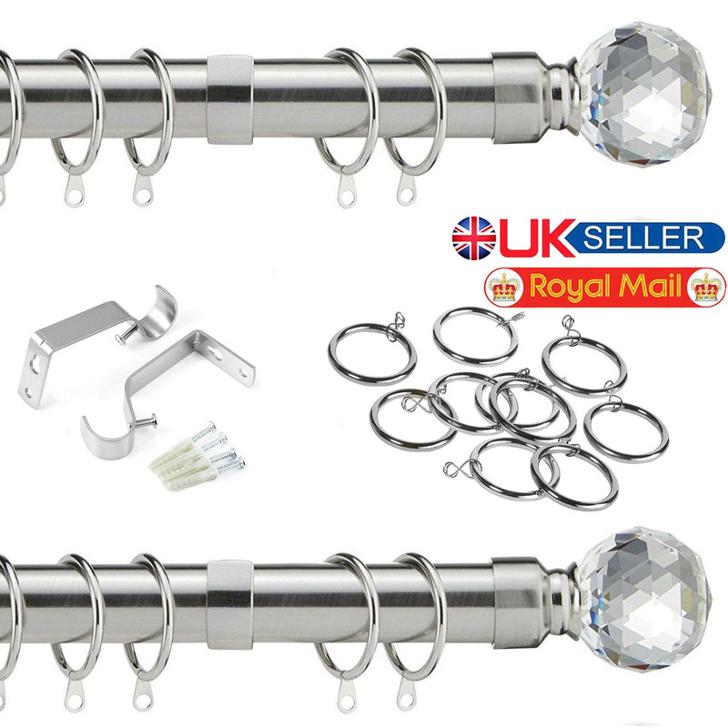 Extendable Metal Curtain Pole Rod 28mm Ball Round Sphere Finials Rings Fittings