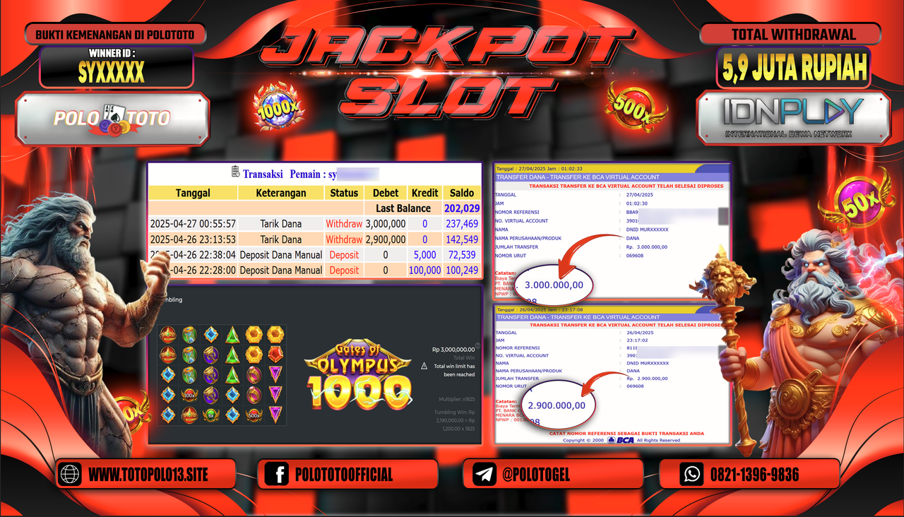 POLOTOTO JACKPOT SLOT GATES OF OLYMPUS 1000 Rp.5.900.000,-
