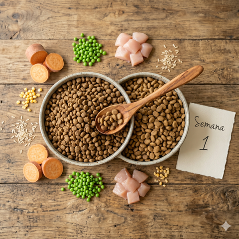 Transição gradual entre ração convencional e ração grain free para cães ao longo de 7 a 10 dias
