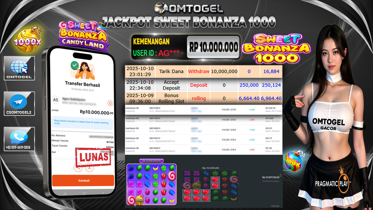 OMTOGEL JACKPOT PRAGMATIC PLAY SWEET BONANZA 1000 10 JUTA DI BAYAR LUNAS ,-