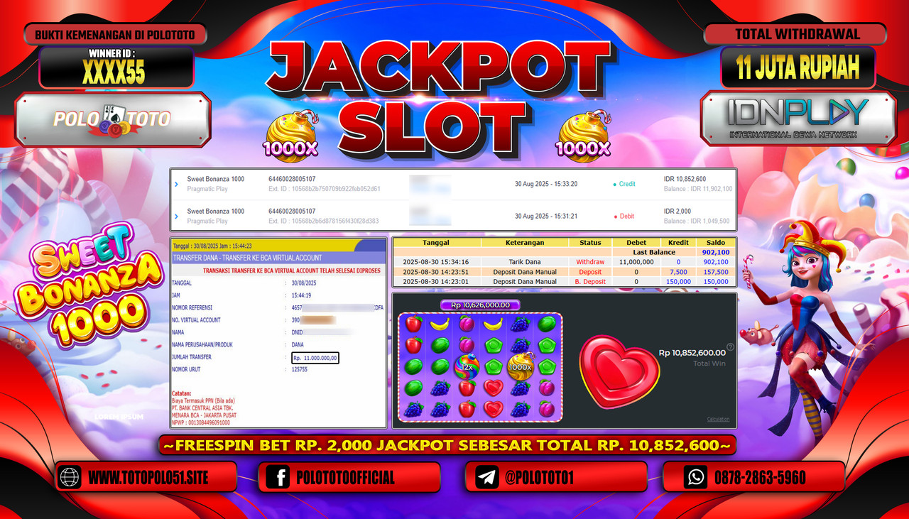 POLOTOTO JACKPOT SLOT SWEET BONANZA 1000 Rp.11.000.000,-LUNAS