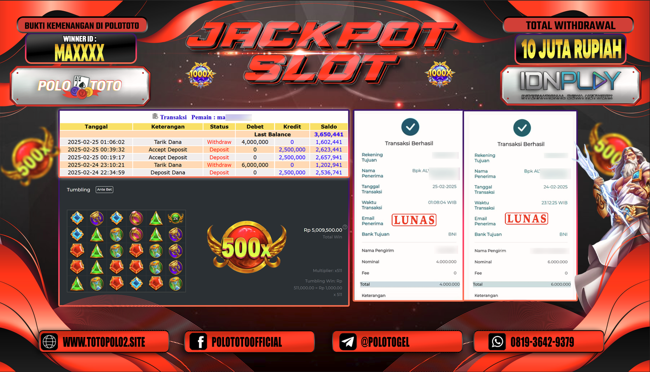 POLOTOTO JACKPOT SLOT GATES OF OLYMPUS Rp.10.000.000,-