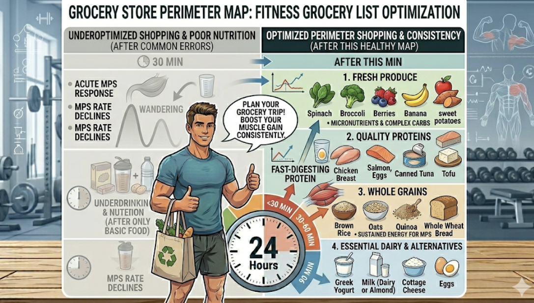 Refrigerator stocked with healthy fitness grocery list items including eggs, Greek yogurt, chicken, vegetables, and fruits
