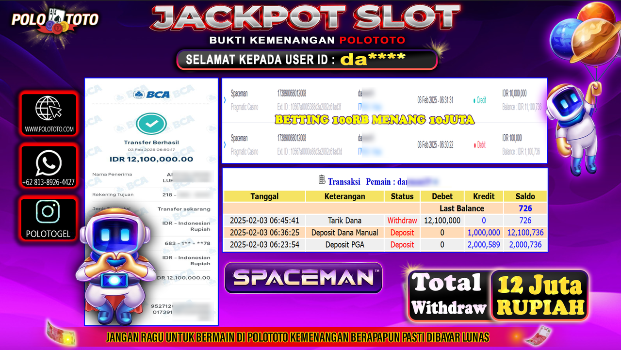 POLOTOTO JACKPOT SLOT SPACEMAN Rp.12,100.000,-