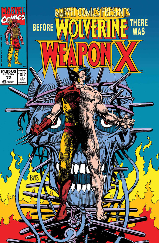 The cover of Marvel Presents Issue 72. The cover shows Wolverine standing in front of a flaming skull with one halfs of his body in the classic brown and yellow x-men suit while he is nude on the other half.