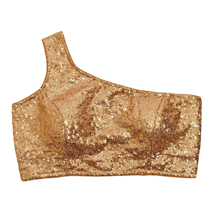 Women One Shoulder Glitter Sequin Blouse Designer Choli Padded Sticthed Crop Top