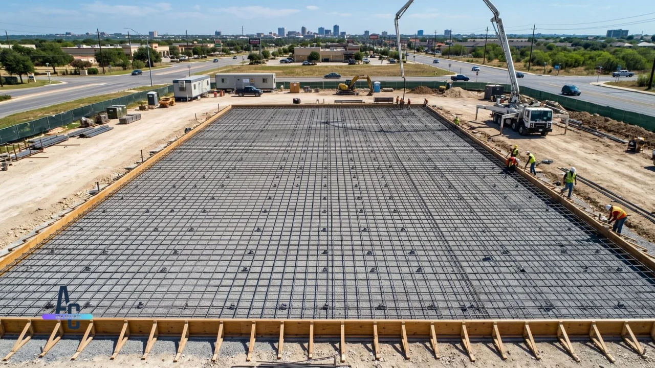 Rebar grid and compacted base prepared for a commercial concrete pour in San Antonio