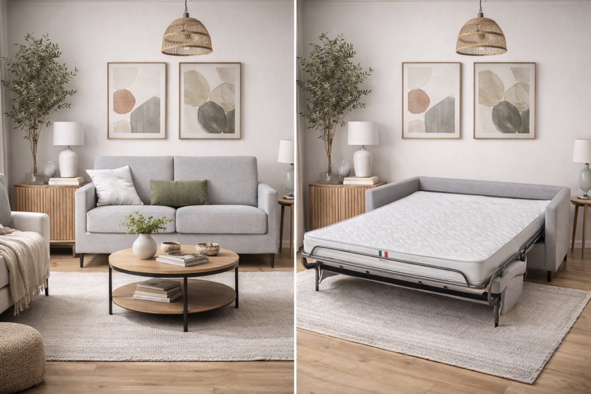 Canapé convertible Téo en mode canapé et mode lit — couchage 140 × 192 cm