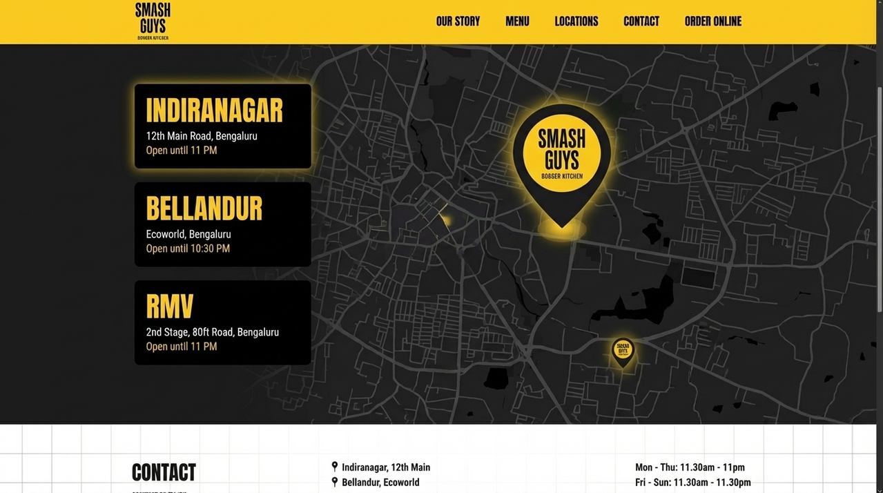 Smash Guys interactive locations page showing Indiranagar, Bellandur Ecoworld and RMV 2nd Stage outlets with map and opening hours