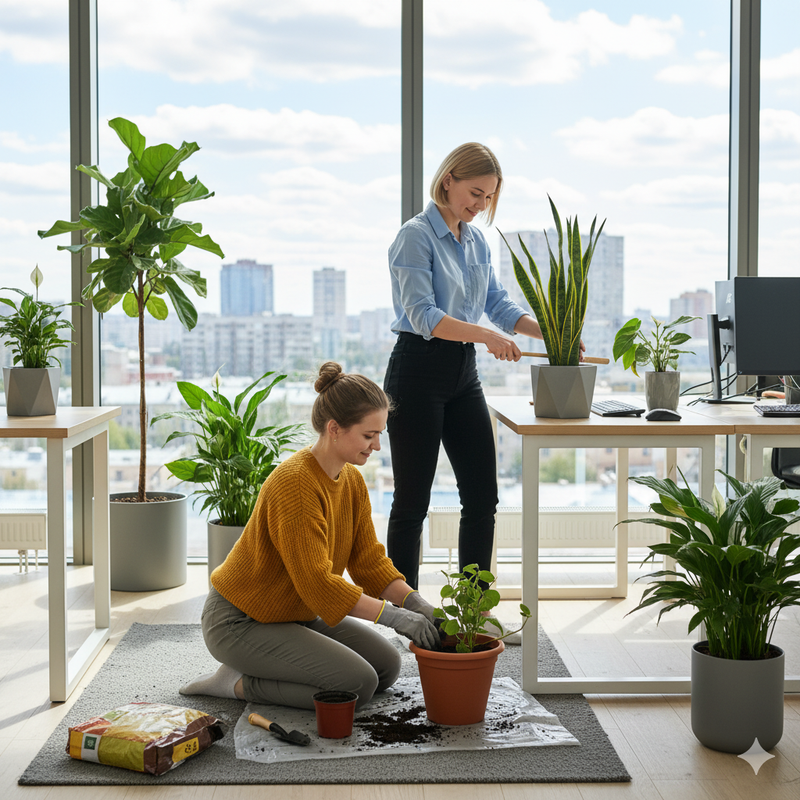 Пересадка растения в офисе