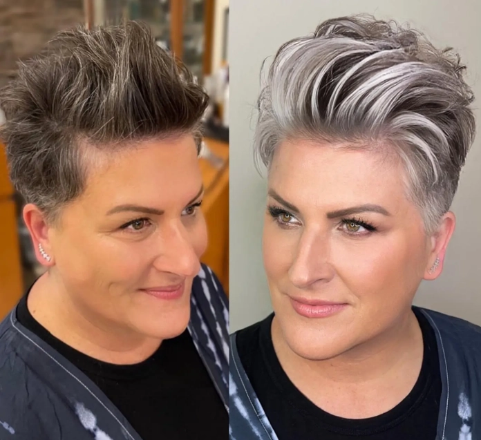 Short-haired mature woman balayage transition from gray to blonde hair