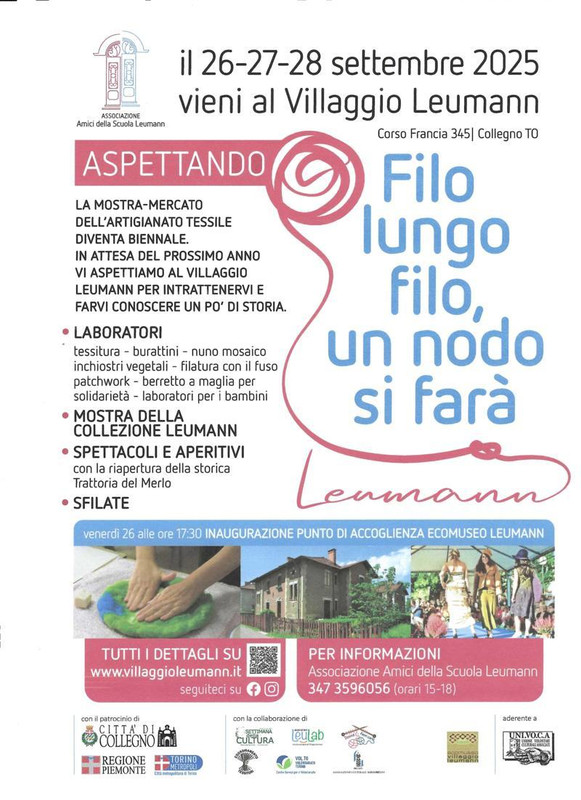 Dal 26 al 28 settembre a Collegno (To) un weekend tra fili, creatività e cultura