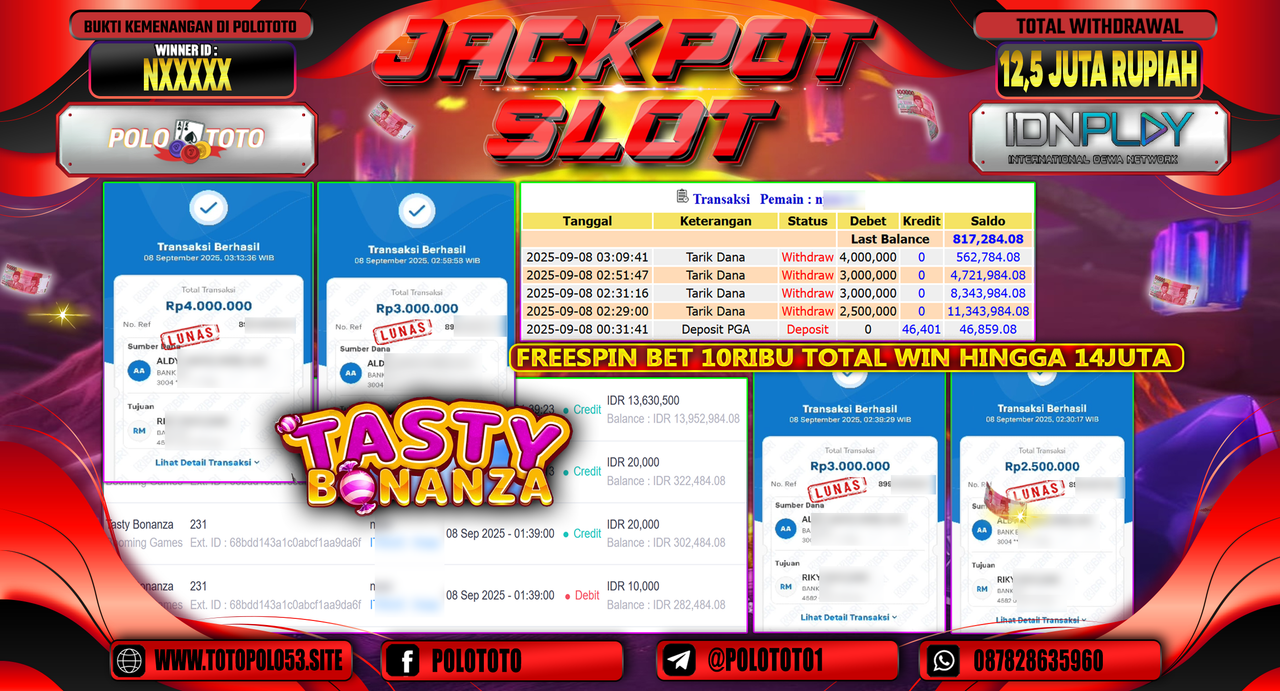 POLOTOTO JACKPOT SLOT TASTY BONANZA Rp.12.500.000,-