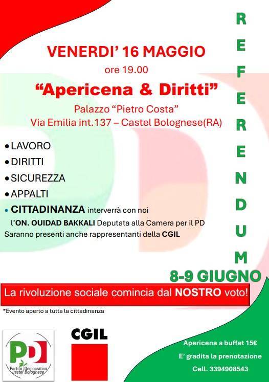 “Apericena & Diritti”: Venerdì 19 maggio un incontro pubblico promosso dal PD di Castel Bolognese