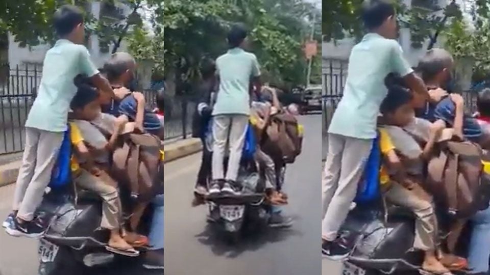 Arrestado por irresponsable: Indigna VIDEO de hombre con 7 niños en una moto; se dirigían a la escuela