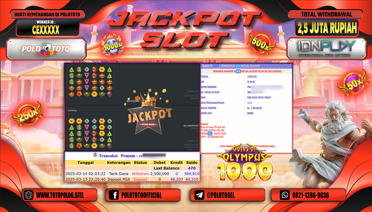 POLOTOTO JACKPOT SLOT GATES OF OLYMPUS 1000 Rp.2.500.000,-