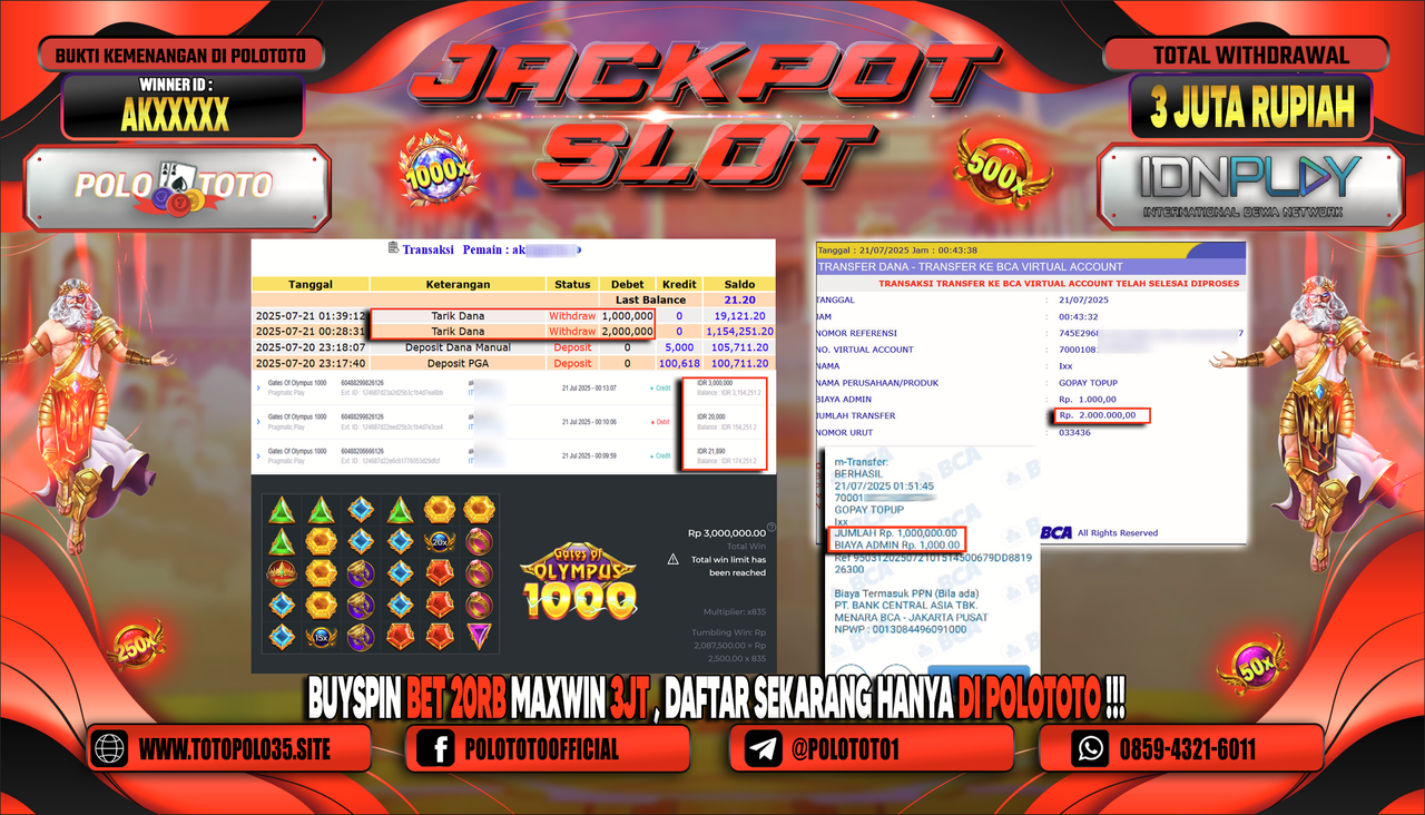 POLOTOTO JACKPOT SLOT GATES OF OLYMPUS 1000 Rp.3.000.000,- LUNAS