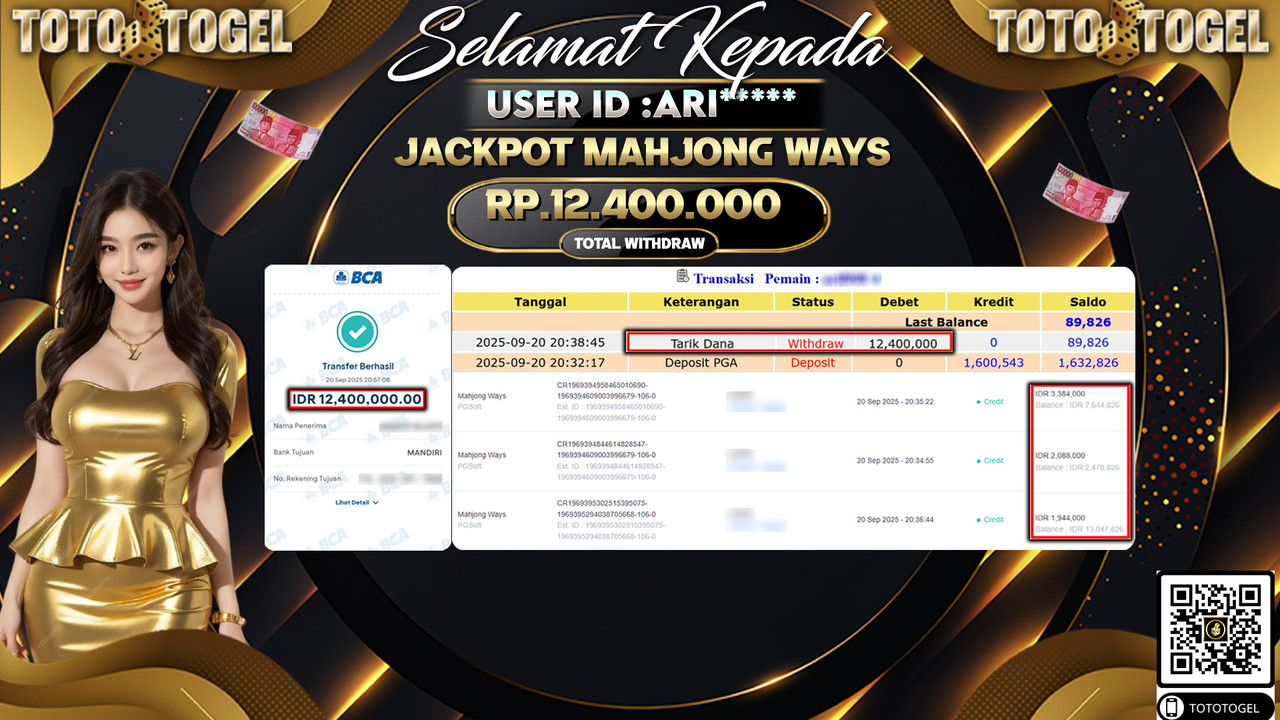 Bukti Pembayaran Jackpot Permainan Slot Mahjong Ways  ID:ARI*** LUNAS