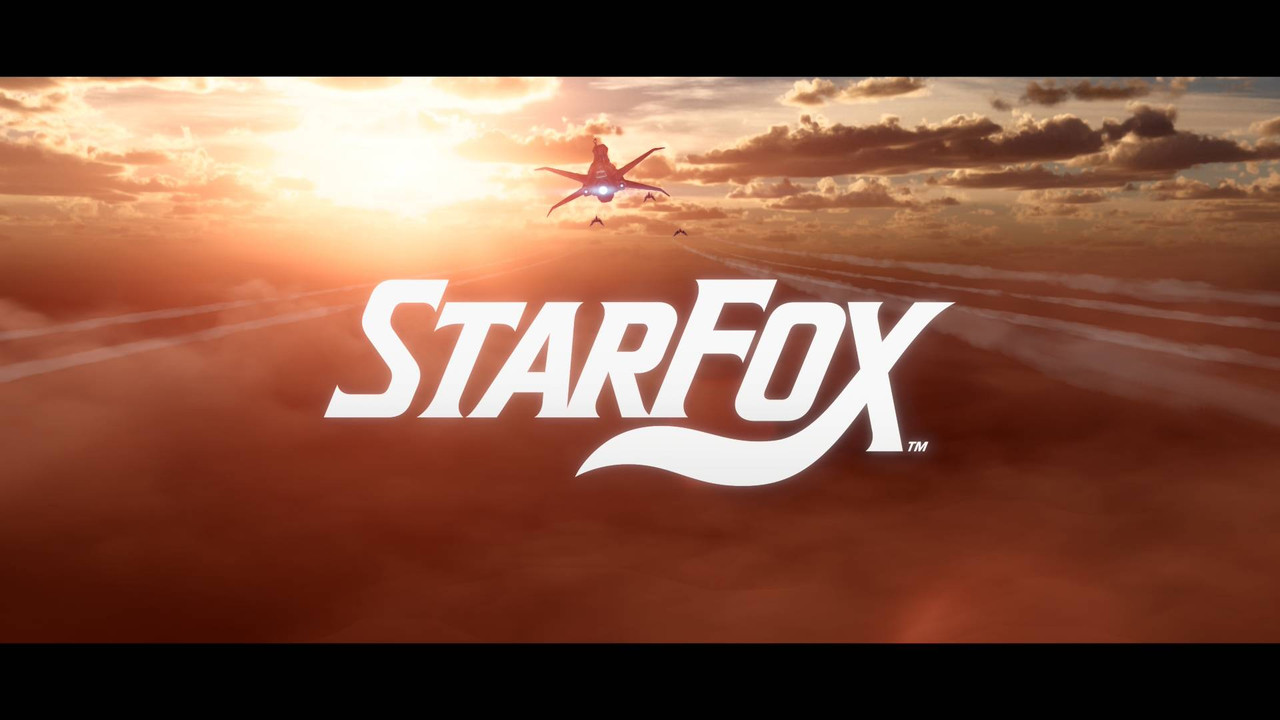 The title splash screen with "Star Fox" in big white text and the Great Fox and several Arwing fighter ships.