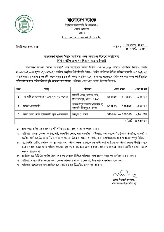 Bangladesh Bank (BB) Cash Officer Written Exam Seat Plan 2023 PDF