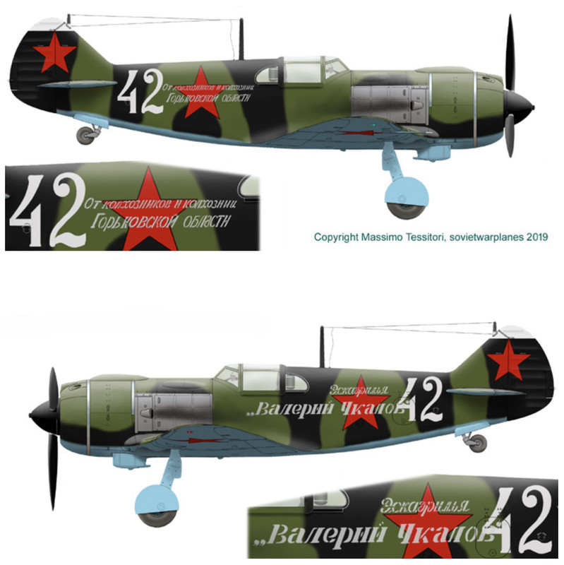 Lavochkin-La-5-xxIAP-White-42-slogan-Eskadrilya-Valeriy-Chkalow-shot-down-Orel-Kursk-1943-0A