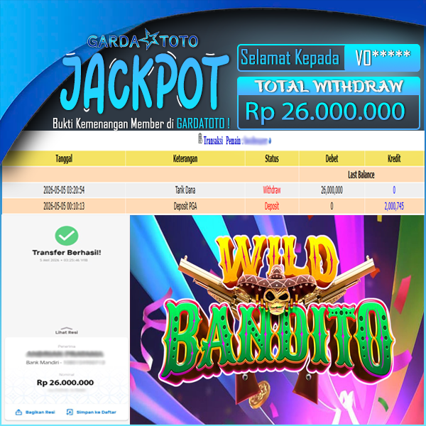 JACKPOT DI PERMAINAN SLOT WILD BANDITO WD Rp26.000.000,- DIBAYAR LUNAS GARDATOTO MANTAP!
