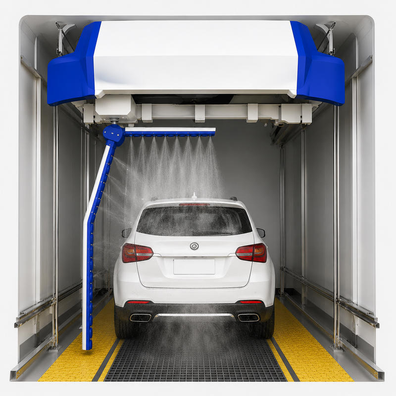 Risense touchless wash system spray arm over vehicle