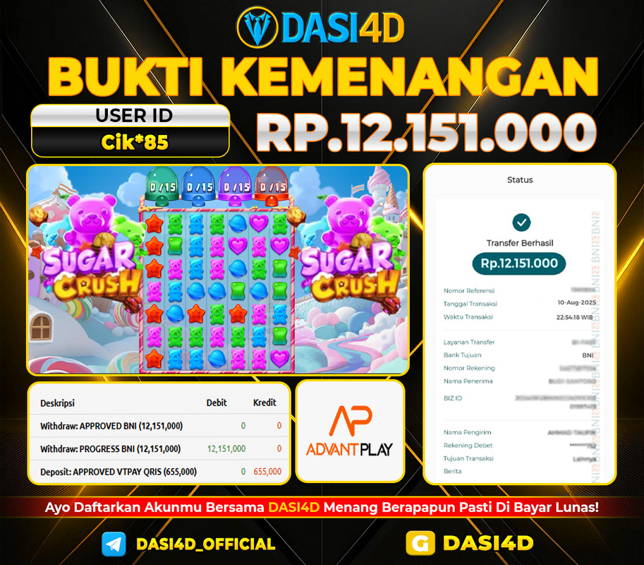 BUKTI KEMENANGAN 10 AGUSTUS 2025 DI SUGAR CRUSH WD 12.151.000