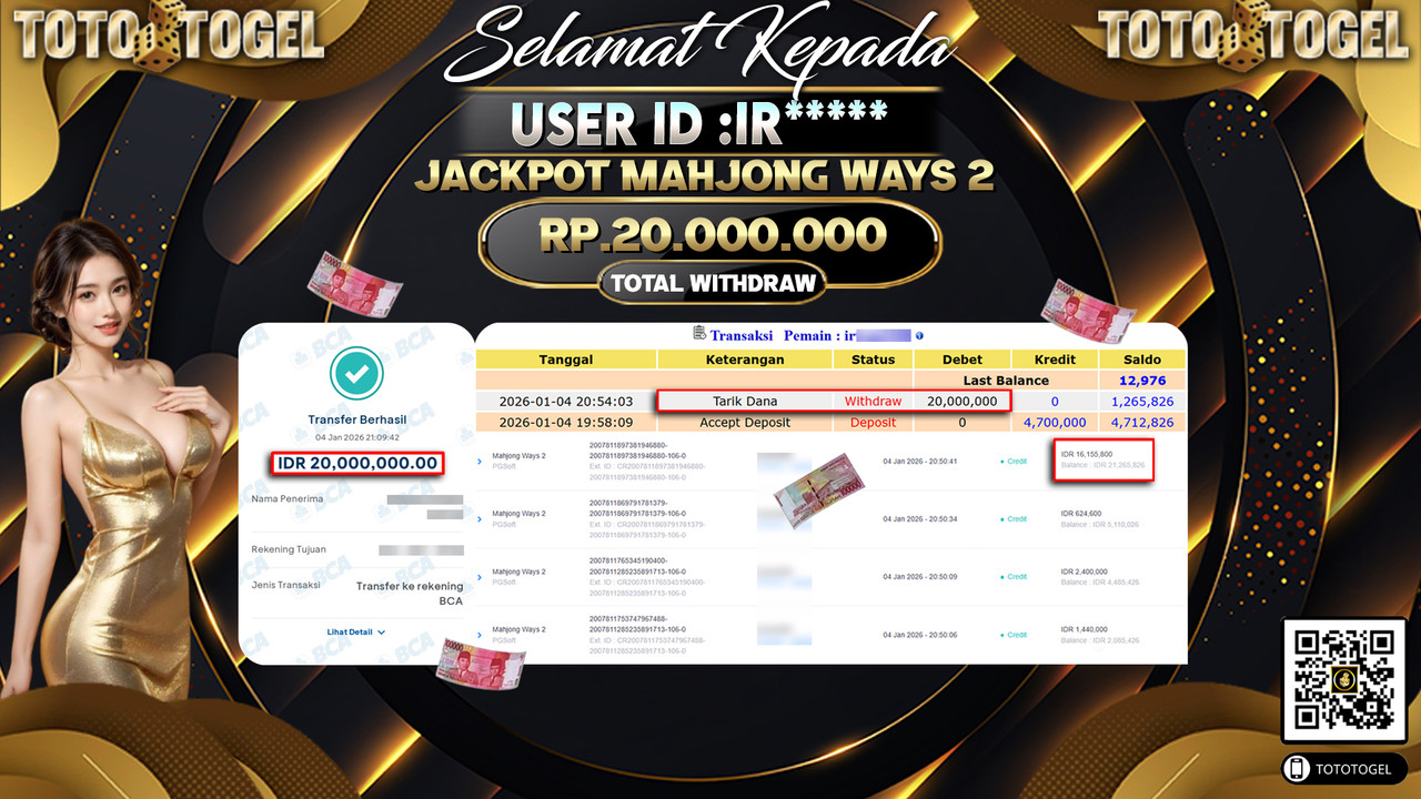 Bukti Pembayaran Jackpot Permainan Slot Mahjong Ways 2 ID:IR**** LUNAS