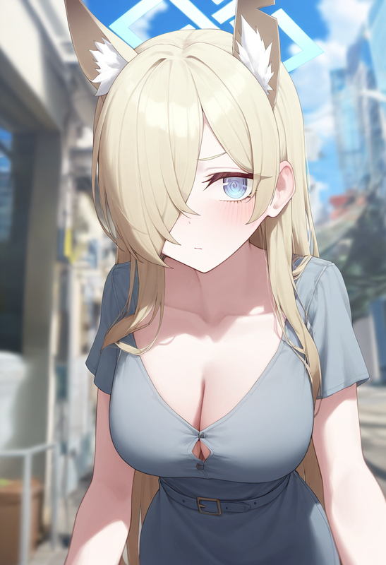 depth of field, 1girl, kanna (blue archive), collarbone cleavage, short sleeves, s-2310328679