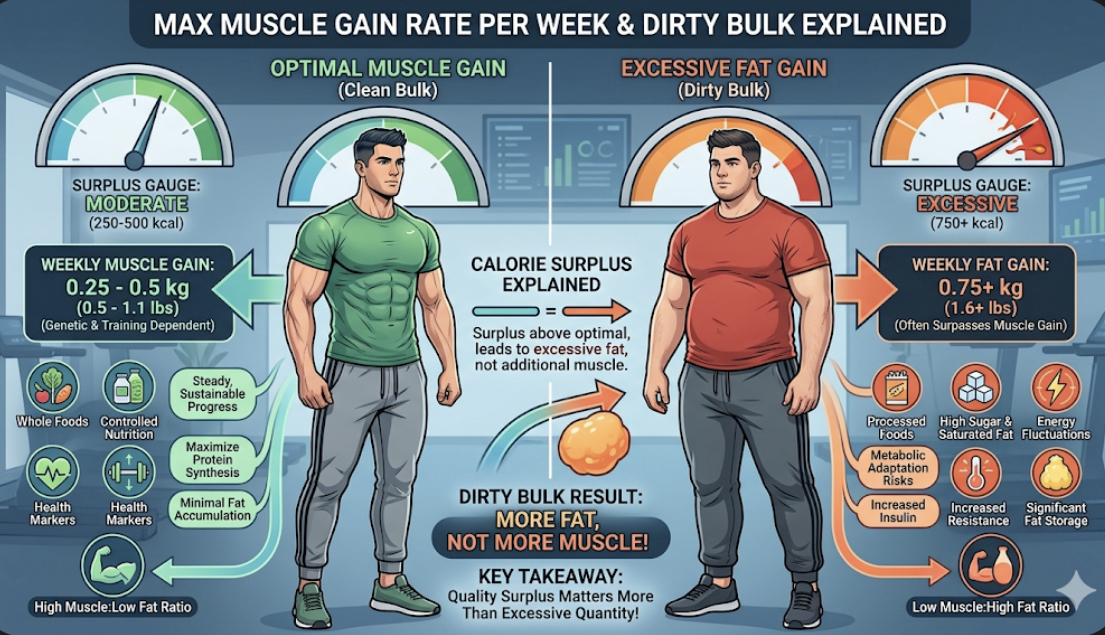 Infographic chart showing maximum muscle gain rate of 0.25-0.5% body weight per week, explaining why dirty bulk leads to excessive fat gain compared to clean bulk