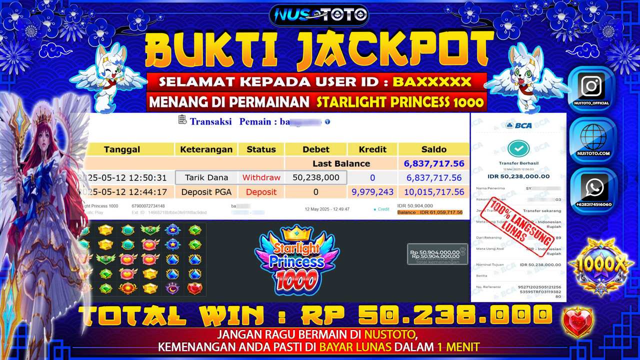 JACKPOT !! MENANG BESAR DI SLOT STARLIGHT PRINCESS 1000 Rp. 50.238.000 LANGSUNG DI BAYAR LUNAS NUSTOTO !!