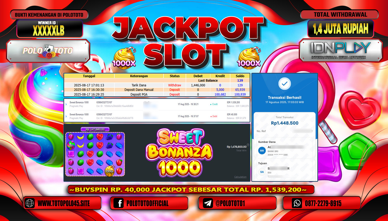 POLOTOTO JACKPOT SLOT SWEET BONANZA 1000 Rp.1.400.000,- LUNAS