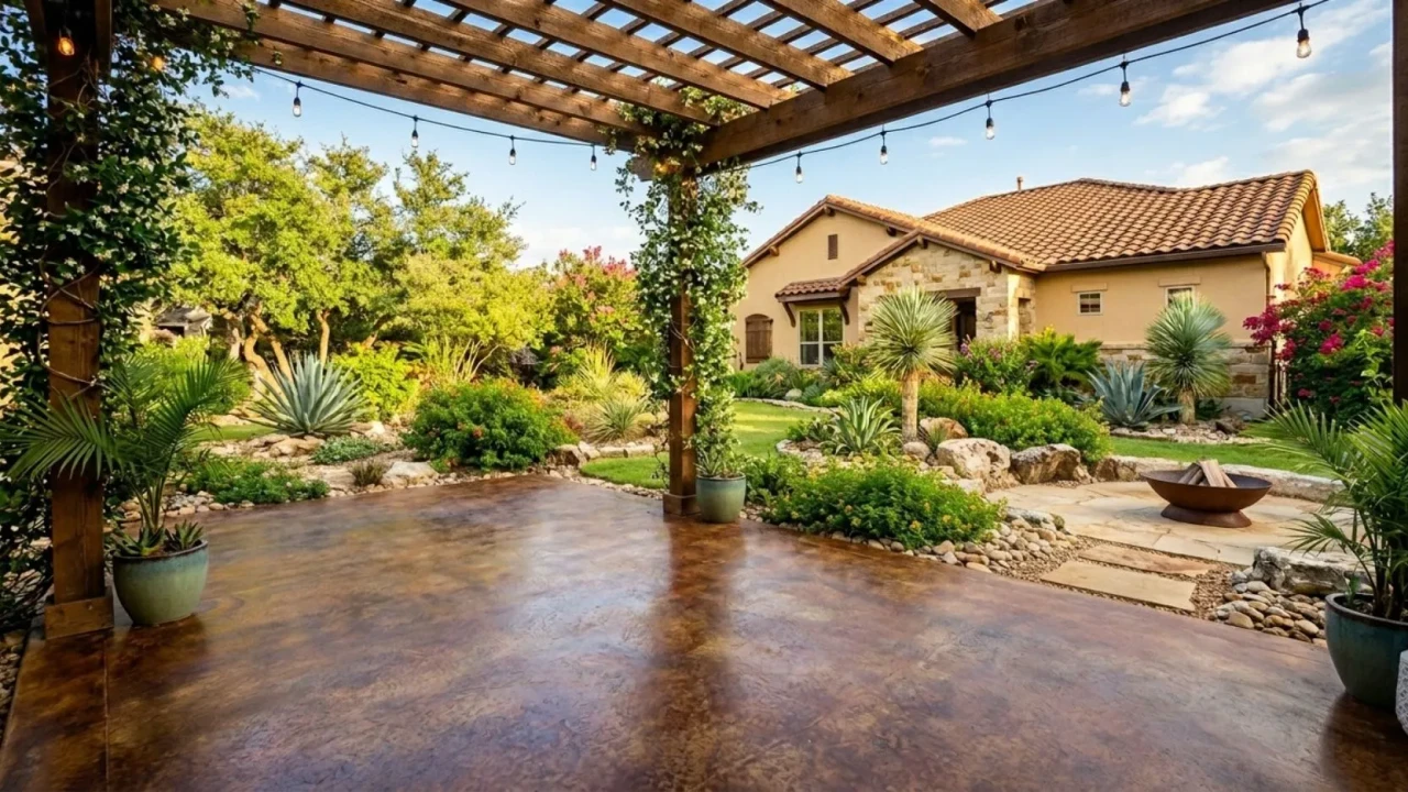 Stained concrete patio set up as outdoor living area with furniture in San Antonio