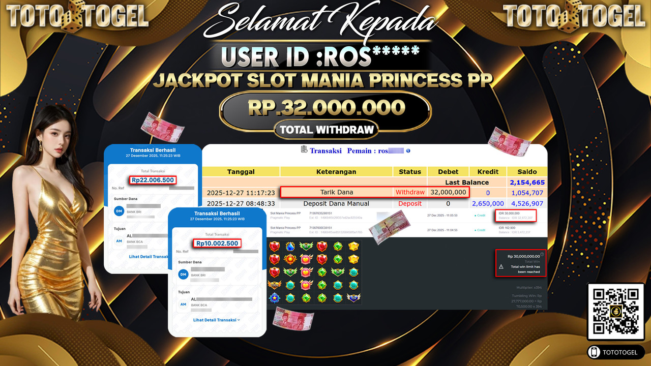 Bukti Pembayaran Jackpot Permainan Slot Mania Princess PP ID:ROS**** LUNAS
