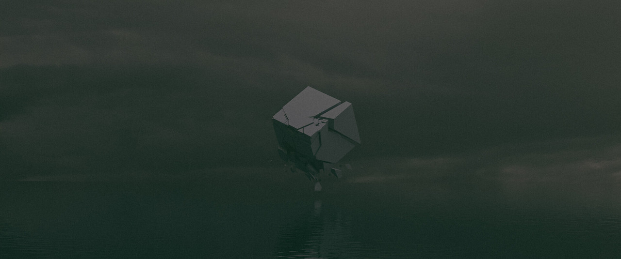 A destroyed default-cube flying over an ocean, created by me with Blender 3D.