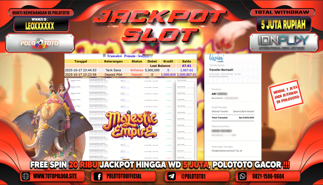 POLOTOTO JACKPOT SLOT MAJESTIK EMPIRE Rp.5.000.000,- LUNAS