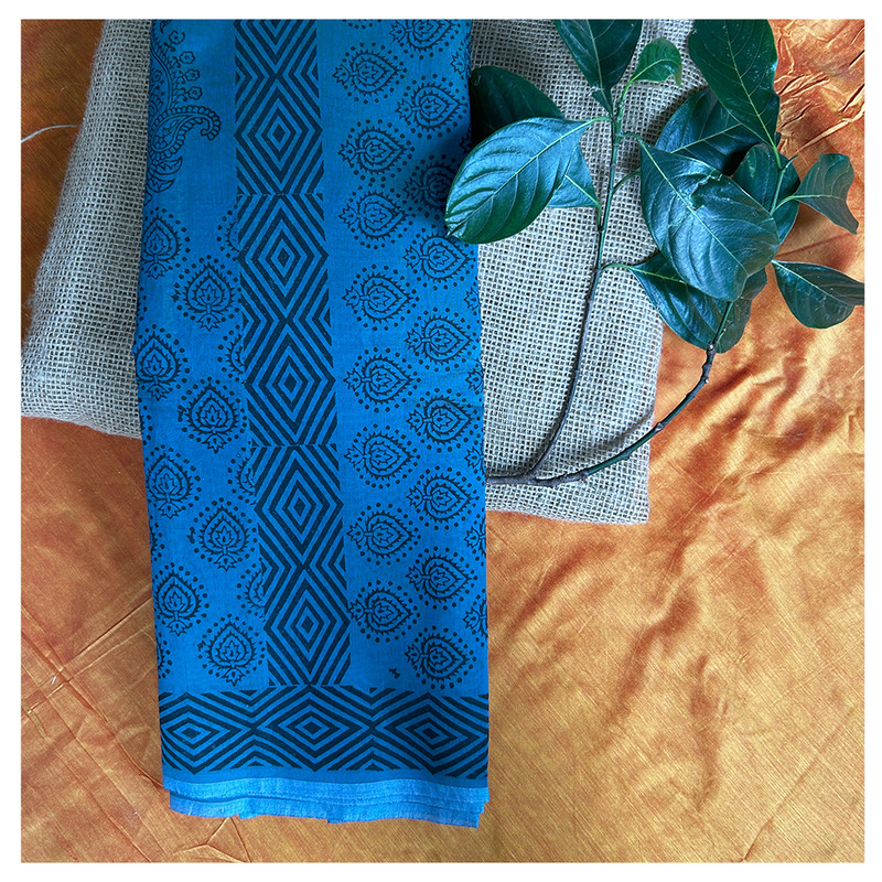 Hand Block Printed Blue Saree with Black Intricate Design