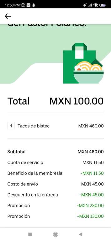 Uber Eats: 4 tacos de bistec por $100 en la Casa del Pastor Polanco