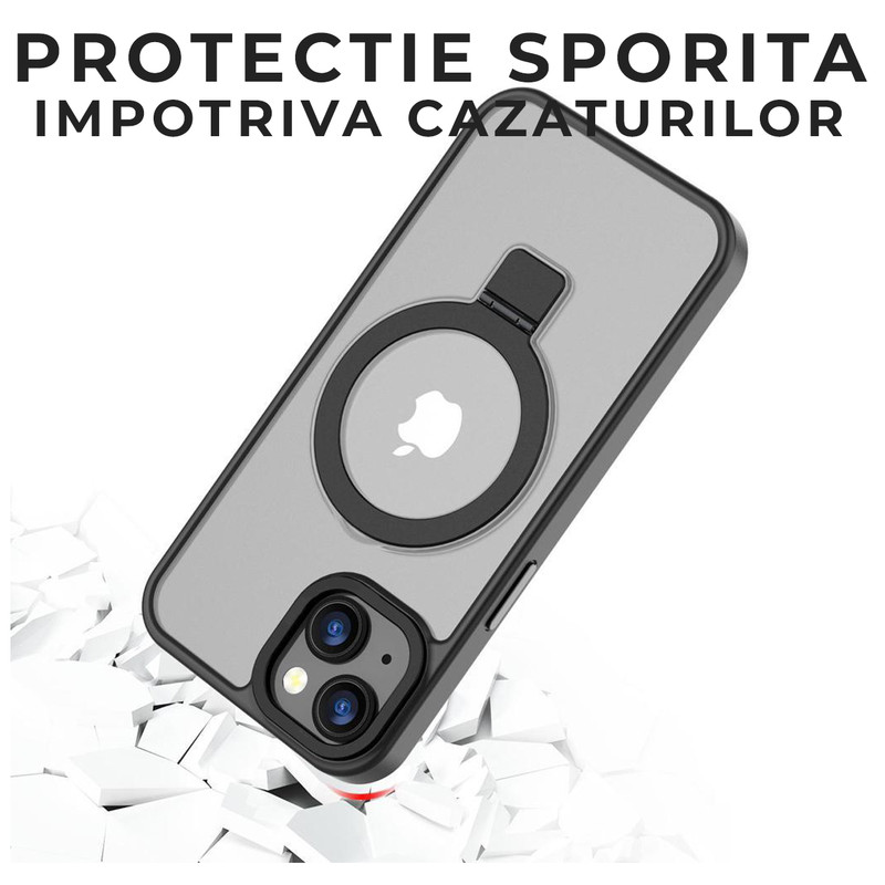 Husa pentru iPhone 15 DaDen® Premium MagSafe Ring, Inel de Prindere, Incarcare Wireless, Protectie Camera, Antisoc, Fumuriu cu margini Negre AAJWD2308260 CNQZR65