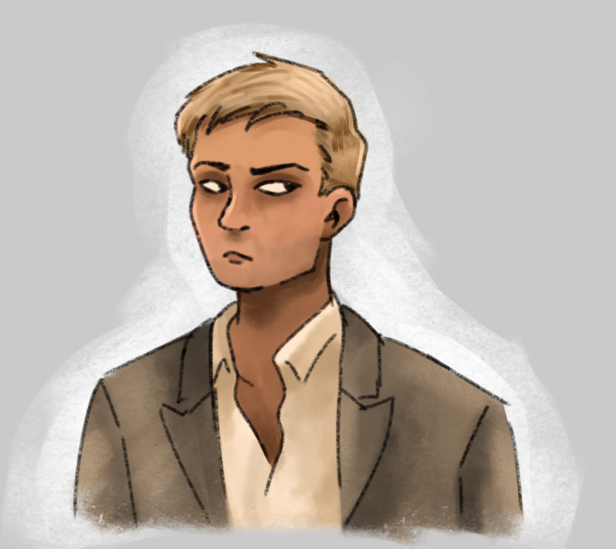 a drawing of kazuchika okada in a tan suit. he is scowling.