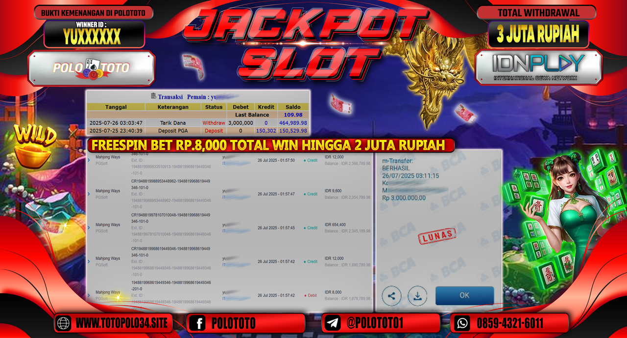 POLOTOTO JACKPOT SLOT MAHJONG WAYS 2 Rp.3.000.000,-LUNAS