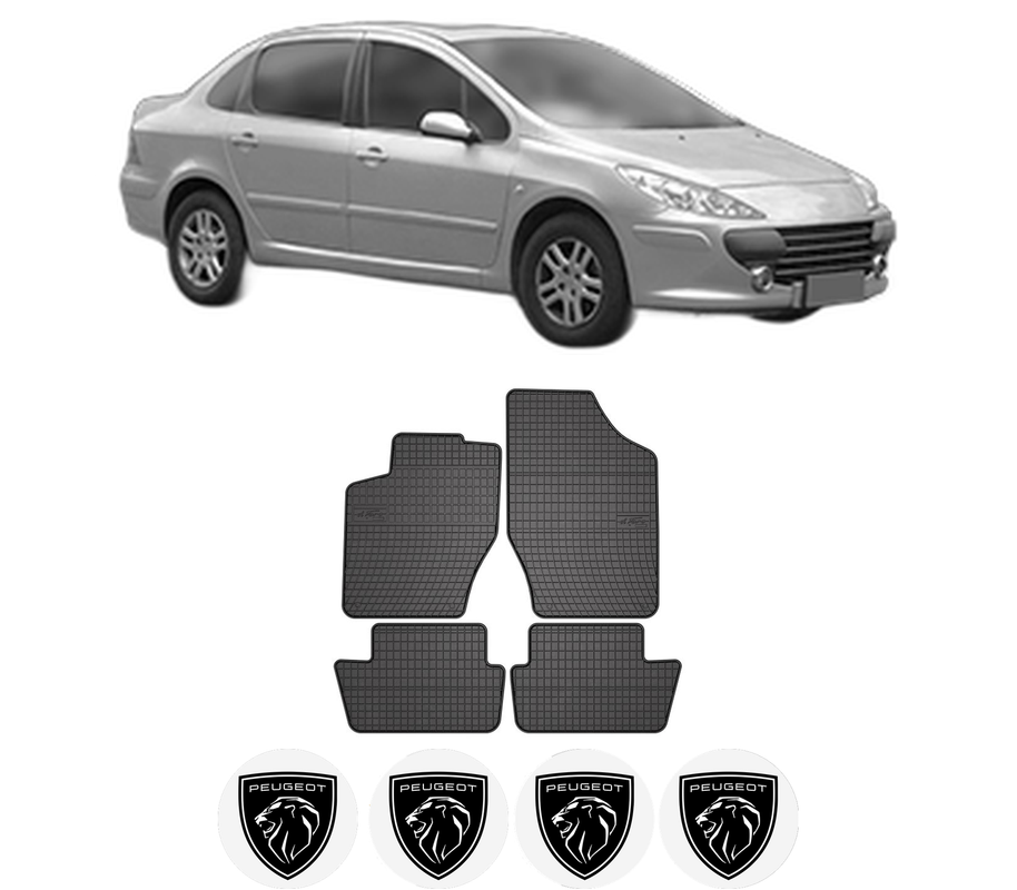 Set covorase presuri PEUGEOT 307 Saloon din 2006-2012, auto, din cauciuc thermoplastic, 4 Stickere auto cu PEUGEOT