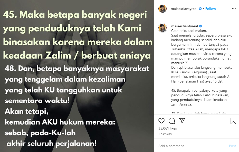 Sebuah postingan tulisan dari Maia Estianty (Instagram @maiaestiantyreal)