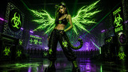 Female-dressed-in-black-trip-pants-with-green-biohazard-symbols-She-wears-a-black-top-that-shows-he